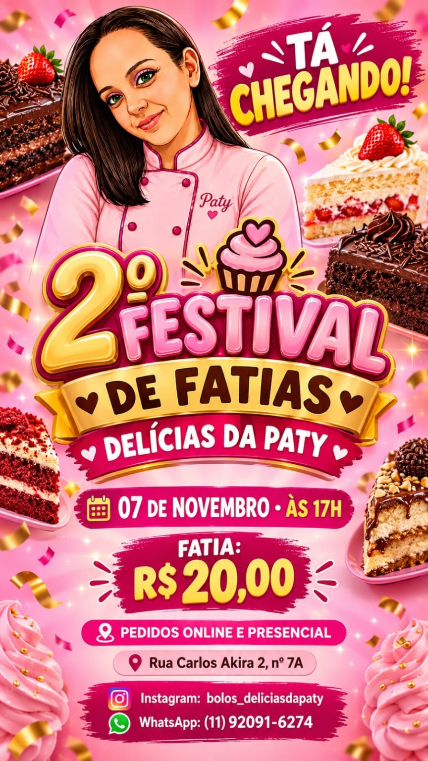 Cartaz do segundo Festival de Fatias da Delícias da Paty: 7 de novembro às 17h, R$ 20 por fatia.